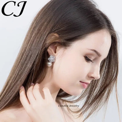 CANDICE Unique Rose Gold Plated Clear Cubic Zircon Snowflake Stud Earring with White Big Shell Pearl Brincos for Woman Christmas Gift