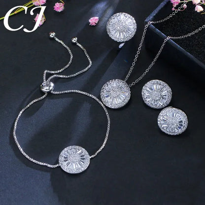 CANDICE Sparkling CZ Stone White Gold Plated 4pcs Wedding Jewelry Sets Round Pendant Necklace Earrings Bracelet Ring Prom Set For Brides