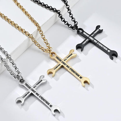 Men Wrench Cross Necklace,Stainless Steel Silver/Gold/Black I Can Do All Things Inspiring Bible Verse Pendant Necklace Christian Jewelry,60Cm Rolo Chain