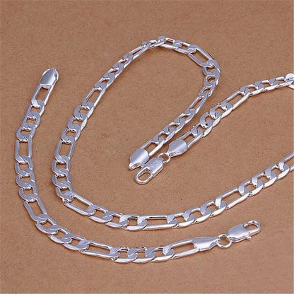 2pcs/Set(Bracelet+Necklace) Charm Men Women Figaro Curb Link Chain Bracelet Necklace Fashion 925 Sterling Silver Exquisite Jewelry Gifts