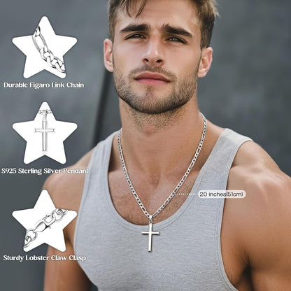 925 Sterling Silver Cross Necklace for Men Women - 5Mm Durable 316L Stainless Steel Figaro Link Chain with Beveled Edge Cross Pendant, Silver Crucifix Necklaces Jewelry, 16-30'' Christian Baptism Gift
