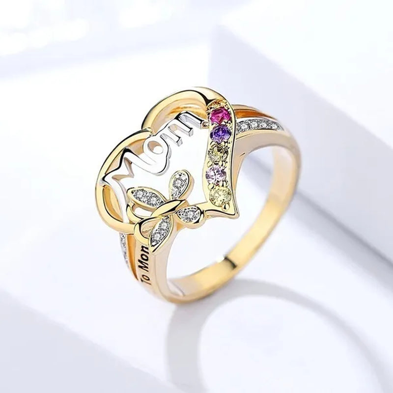New Women Fashion Heart-shaped Love Mum Ring Two Tone Gold Silver MOM Character Diamond Jewelry Family Birthday Best Gift for Mother Mummy Party Band Rings Size 5-11