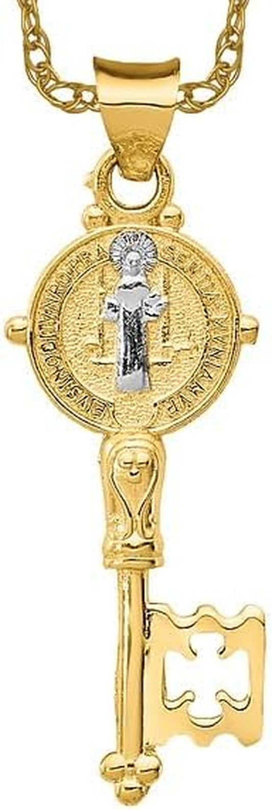 14K Solid Yellow Gold Holy Cross Key Necklace Religious Chain Pendant Jesus Christ Charm