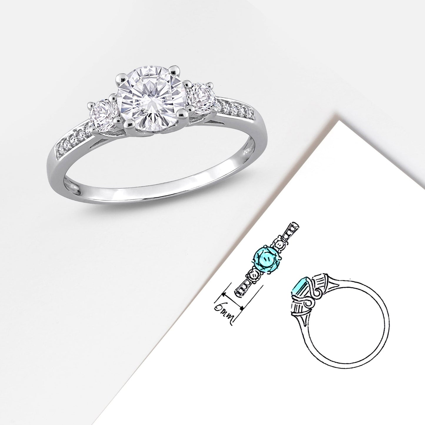 Women'S Engagement Anniversary Bridal 1 1/3 CT. round Created White Sapphire Round-Cut Diamond Accent (G-H, I2-I3) 10Kt White Gold 3-Stone Ring with 4 Prong/Pave Setting & Shoulder Diamonds