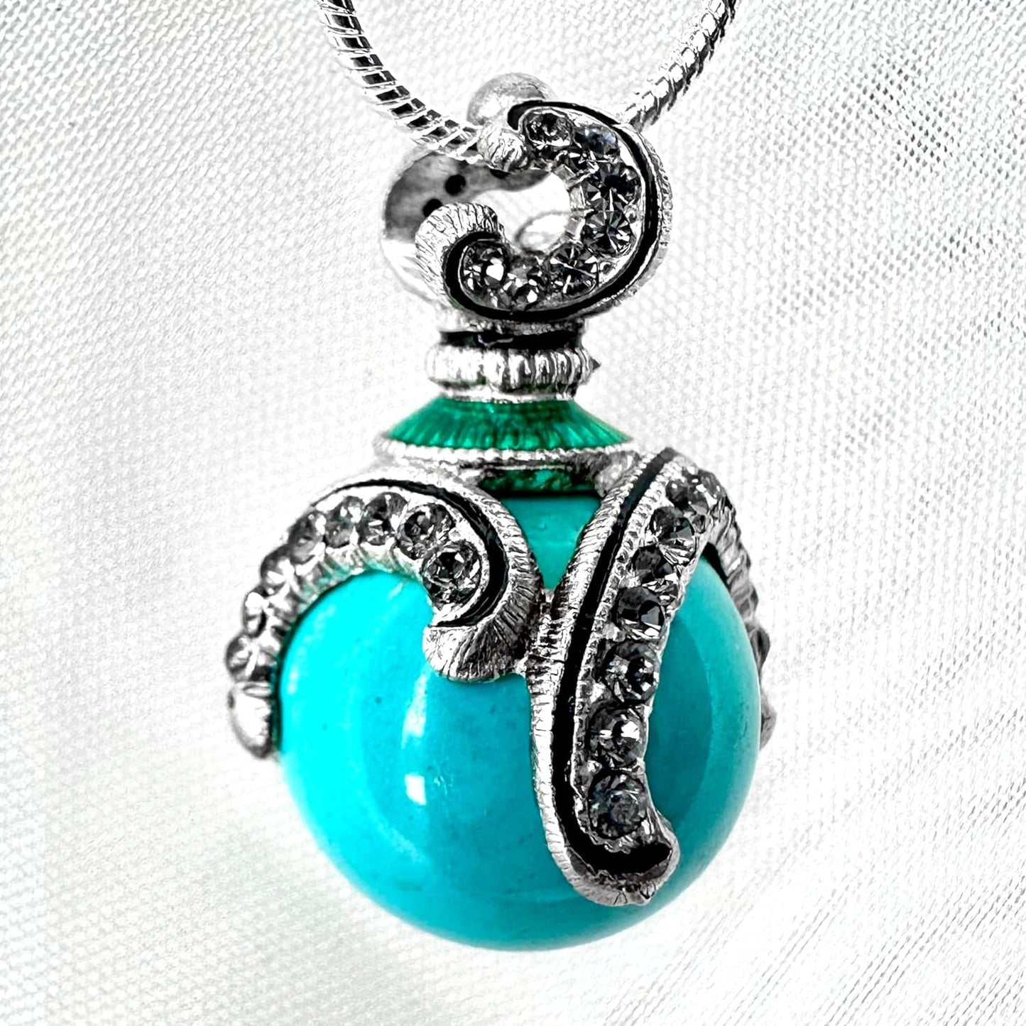 Sterling Silver Necklace Turquoise Pendant Black Diamond Crystals Enamel 24 Inch Chain
