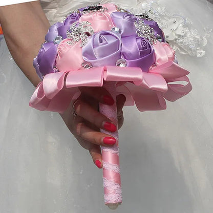 18CM Mixed Color Simulation Silk Flower Wedding Bouquet Romantic Purple Pink Bride Holding Flowers Crystal Diamond Brooch Wedding Bridesmaid Flower