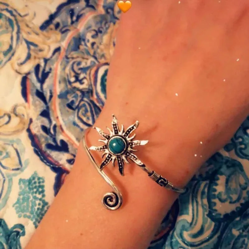 1 Pc Bohemian Turquoise Sunflower Bracelets Creative Sun Pattern Opening Bangle For Women Vintage Party Jewelry