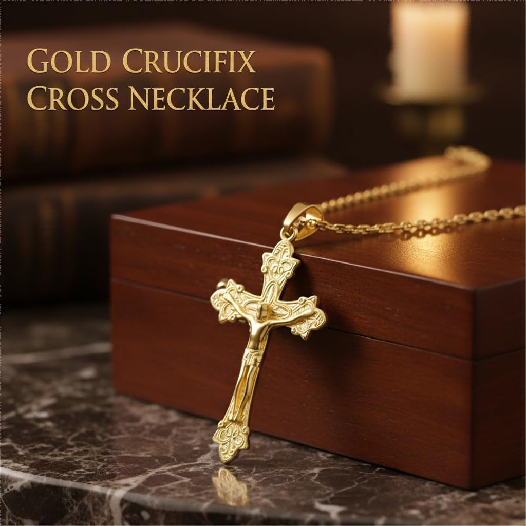 Gold Crucifix Necklace 14K Gold Cross Necklace Jesus Cross Pendant Religious Catholic Jewelry for Men Women