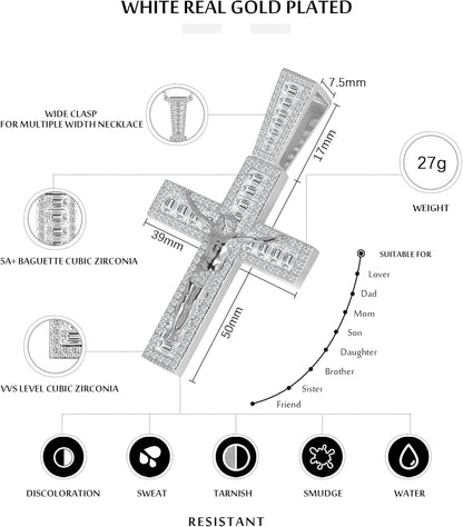 Mens Womens Crucifix Necklace Jesus Cross Chain Iced Out Baguette REAL White Gold/ 18K Gold/Rose Gold Plated Christian Pendant(Give 3Mm 24Inch Gold Plating Rope Chain)