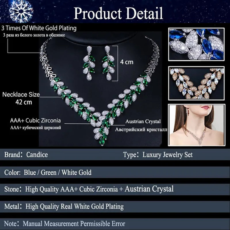 CANDICE Luxury White Gold Plated Marquise Blue Crystal Wedding Necklace Earrings Indian CZ Stone Jewelry Sets Bridal Costume Accessories