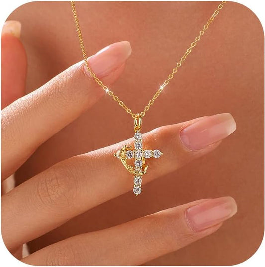 925 Sterling Silver Cross with Crown Necklace for Women 14K Gold Plated Cubic Zirconia Crucifix Pendant Necklaces Adjustable Choker Necklace Baptism Religious Christian Faith Jewelry Easter Gifts