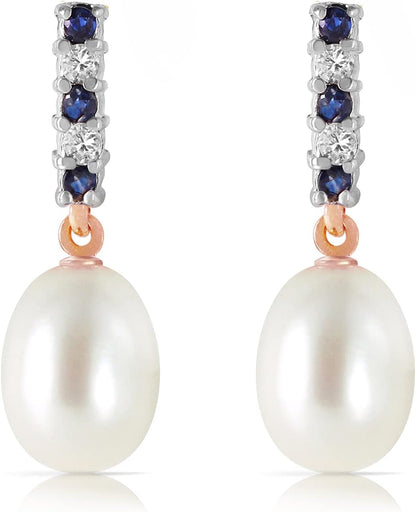 8.3 Carat 14K Solid Rose Gold Diamond Sapphire Earrings Dangling Briolette Pearl