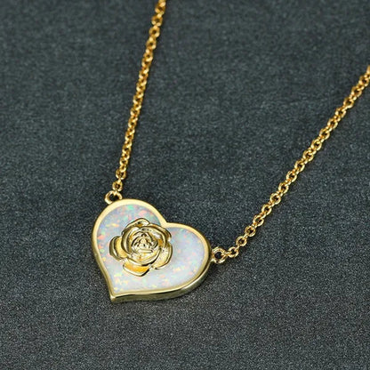 Dainty Female White Opal Pendant Necklace Charm rose gold color Chain Necklaces For Women Cute Flower Heart Wedding Necklace