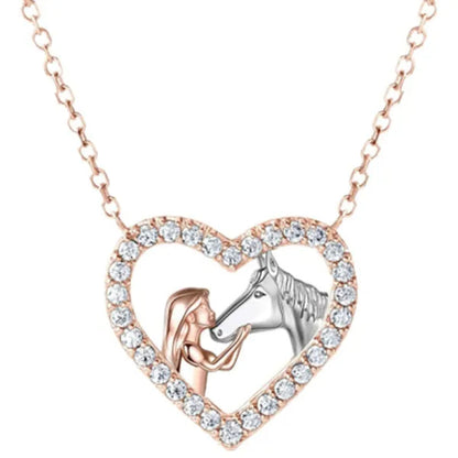 Exquisite Fashion Women's Creative Girl and Horse Necklace Heart Diamond Pendant Necklace Women's Animal Jewelry Accessories Birthday Anniversary Gift