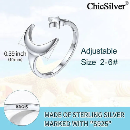 Chicsilver Moon and Star Toe Ring for Women 925 Sterling Silver Hypoallergenic Adjustable Toe Ring Band Women Beach Foot Jewelry