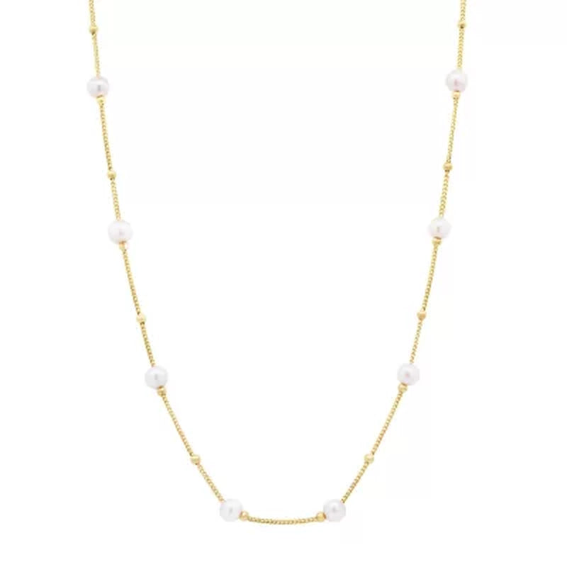 14K Freshwater Cultured Pearl and High Polish Bead Necklace, 18"