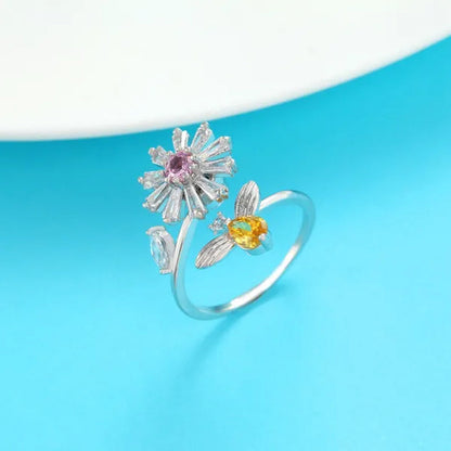 Flower Bees Silver Multicolor Creative Sweet Cute Princess Rings Daisy Opening Ring Adjustable Ring Anniversary Statement Natural Gemstones Pink Sapphire White Sapphire Ring