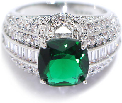 925 Sterling Silver Shiny Full Diamond Emerald Ring Cubic Zirconia Rings Gemstone Ring CZ Diamond Eternity Engagement Wedding Band Ring for Women