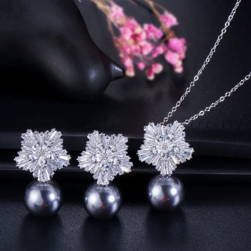 Gloriya High Quality Red Pearl Pendant Necklace Earrings Sets With Sparkling CZ Zirconia Snowflake Christmas Jewelry Set For Women Gifts