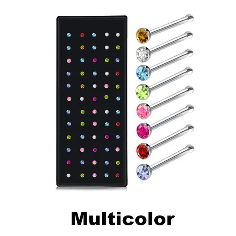 New Fashion Stainless Steel CZ Crystal Straight Shape Diamond Rhinestone Nose Ring Body Piercing Stud Jewelry Bone 20 Gauge for Women Girls 2 Types
