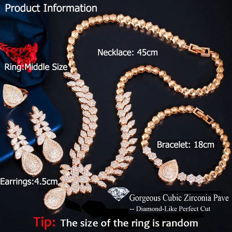 CANDICE High Quality Full Micro CZ Stone Pave Pear Water Drop Pendant Necklace&Earrings&Bracelet&Ring for Wedding Luxury Statement 4Pcs Jewelry Set