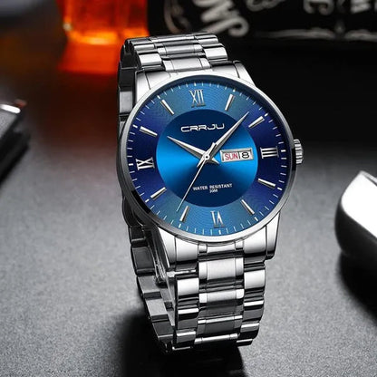 CRRJU Men's Minimalist Leisure Luxury Automatic Dating Watch Fashion Business Japanese Movement Quartz Waterproof Watch Men's Silver Stainless Steel Watch Band