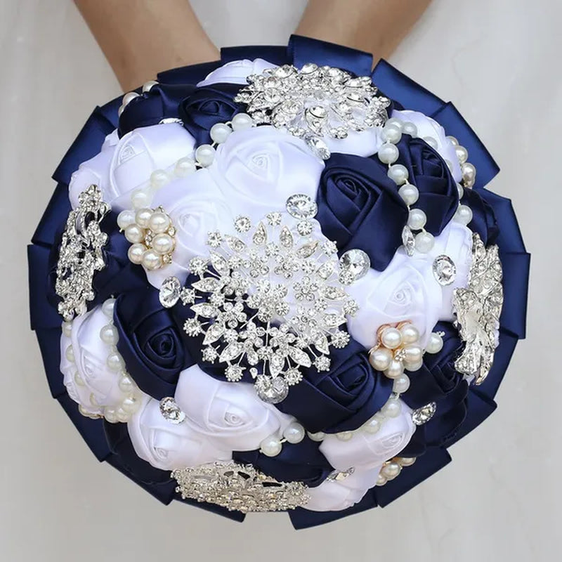 20CM Navy Blue & White Silk Rose Wedding Bouquet Pearl Rhinestone Brooch Bridal Bouquet Ribbon Artificial Flower Creative Holding Flowers