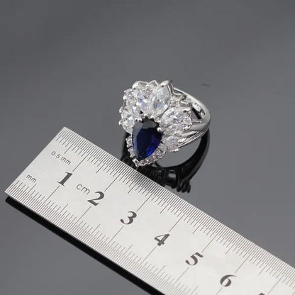 Blue Zircon With White Topaz Crystal Water Drop Shaped Silver Jewelry Sets Necklace Pendant Earring Ring Bracelet For Women
