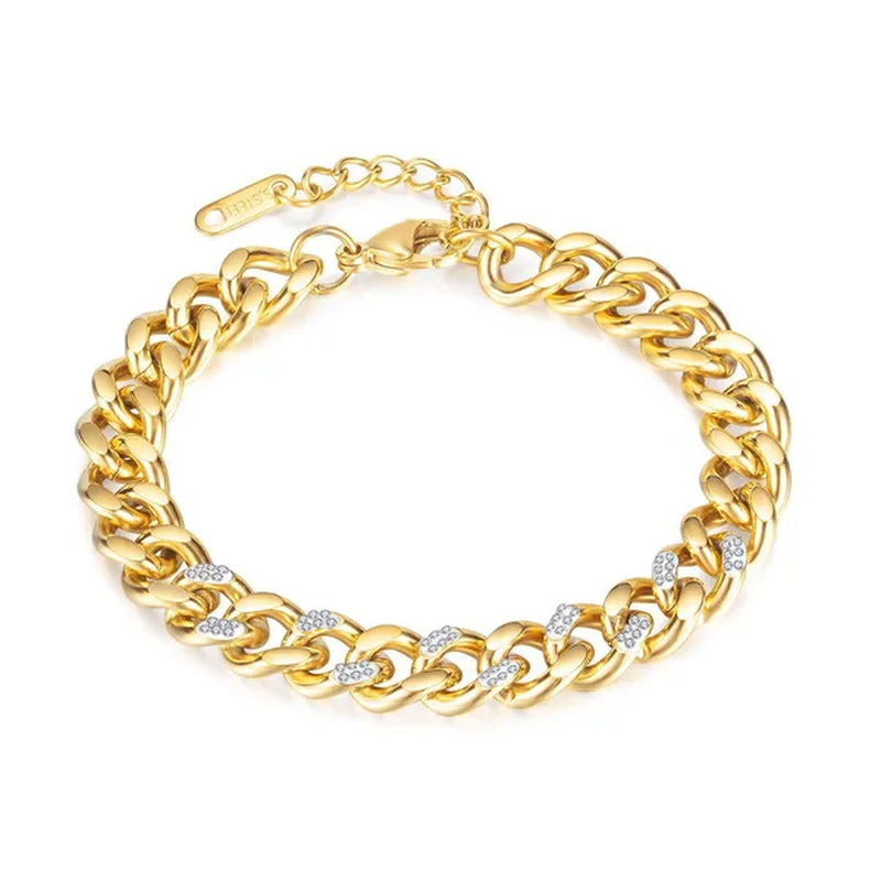 8.5Mm Wide Adjustable Curb Link Chain Bracelet Inlay Delicate Cubic Zirconia CZ Stone for Women Girls Titanium Steel Chunky Cuban Curb Chain Bracelets Bangle Lady Jewelry Silver / Gold