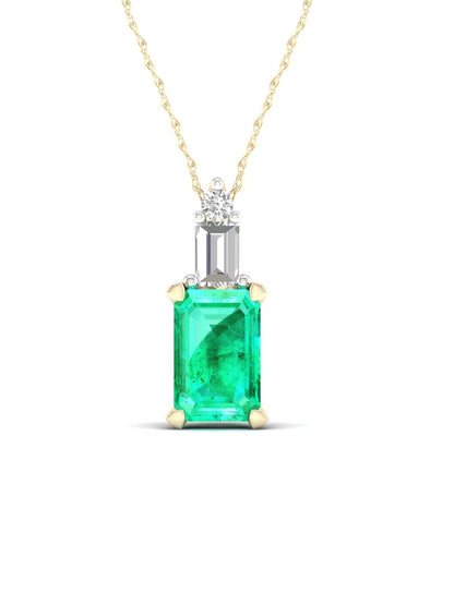 Gemstone 10K Yellow Gold Octagonal Cut Emerald and Diamond Pendant Necklace
