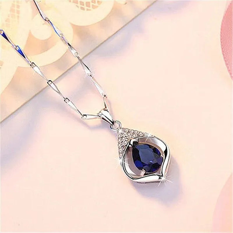 Fine Elegant Bridal Wedding Clavicle Necklace for Women Engagement Wedding Jewelry Gift Teardrop Blue Sapphire Necklace