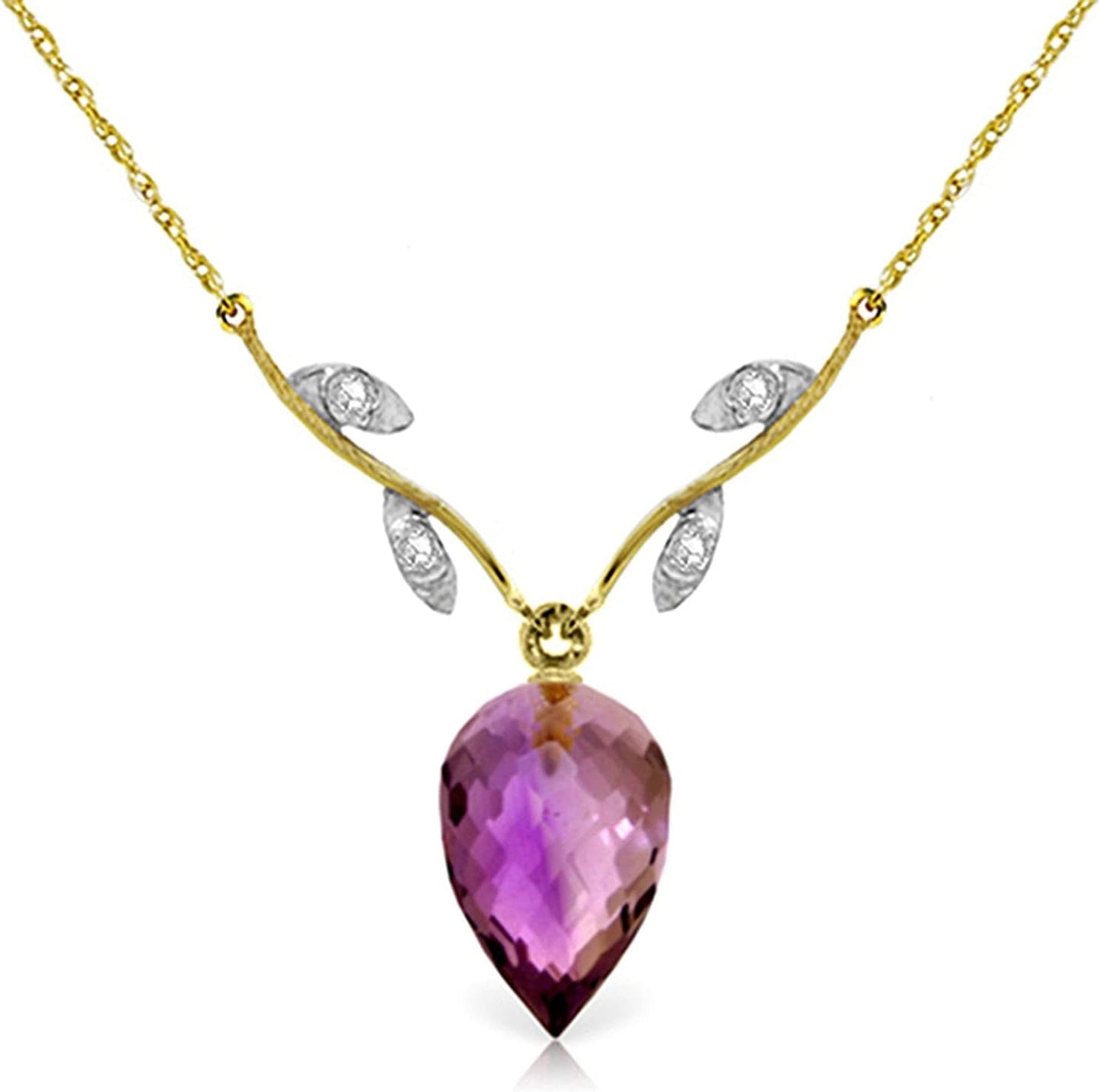 14K Solid Gold Necklace Diamonds Briolette Amethyst