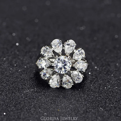Gloriya Natural Mystic Purple Crystal Ring Cocktail Party Engagement Wedding Ring Silver Plated Jewelry Big Flower Fine Jewelry Women Ring Classic