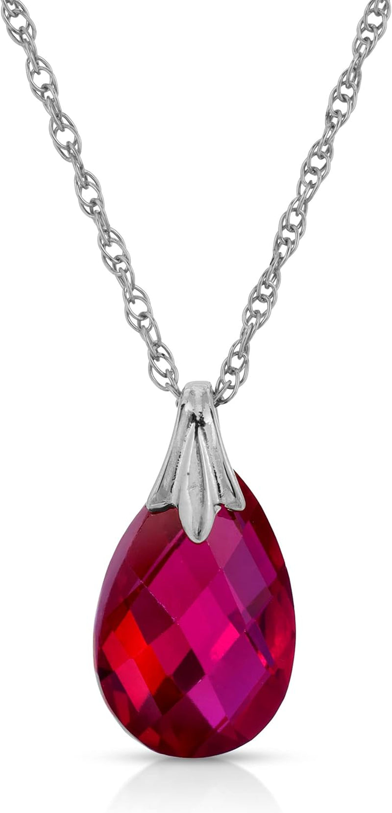 14K Solid White Gold Necklace with Lab. Grown Briolette Shape Checkerboard Cut Genuine Ruby Grade AAA