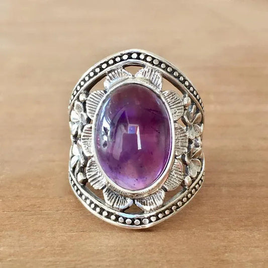 Exquisite Woman Fashion Vintage Wide Edge Engraved Flower Ring  Amethyst  Ring Engagement Party Bride Wedding High Jewelry Christmas Valentine's Day Gift Ring Size US4-12