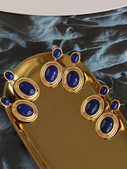 Western Lapis Lazuli Drop Dangle Earrings, Gold Plated Navy Blue Gemstone Leo December Birthstone Earrings, Vintage Elegant Accessories Gifts for Women Girls