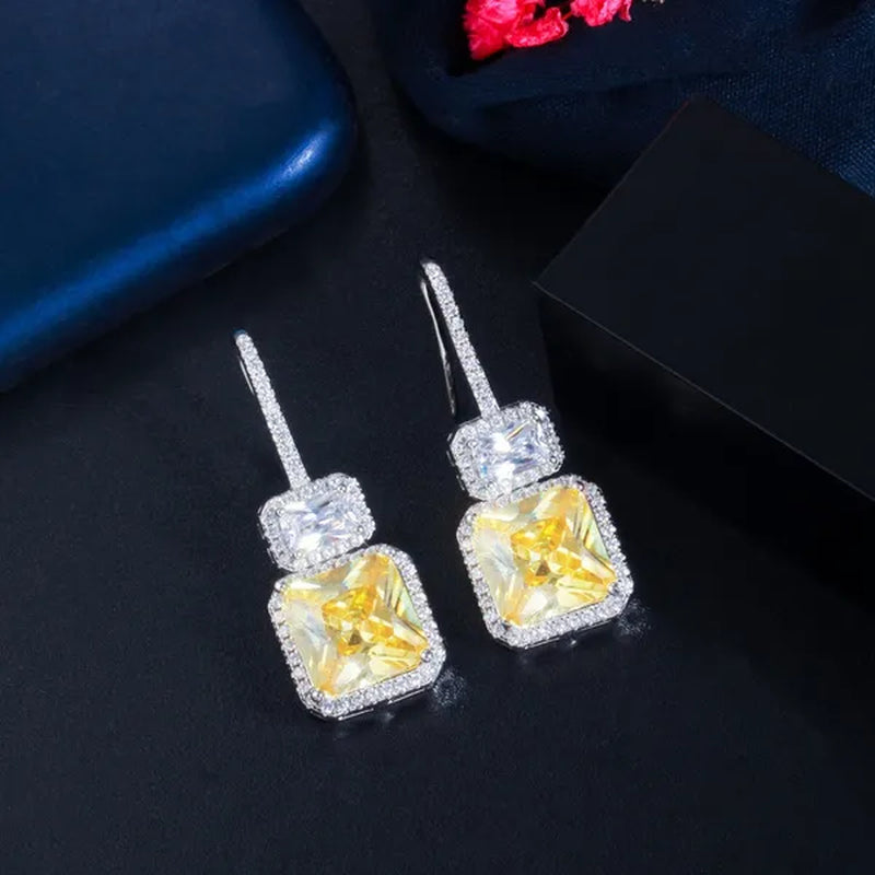 Gloriya Brilliant Sparkly Micro Cubic Zirconia Pave Citrine Square Drop Dangle Hook Earrings Jewelry for Women Fashion Accessory
