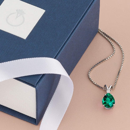 Created Emerald with Genuine Diamond Pendant for Women 14K White Gold, Elegant Teardrop Solitaire, Pear Shape, 10X7Mm, 1.75 Carats Total