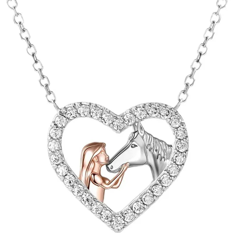 Exquisite Fashion Women's Creative Girl and Horse Necklace Heart Diamond Pendant Necklace Women's Animal Jewelry Accessories Birthday Anniversary Gift
