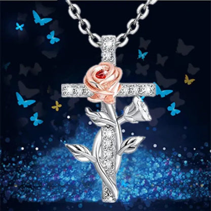 Elegant Fashion Creative Cross Rose Necklace Natural Crystal Cross Diamond Necklace Religious Cross Flower Pendant Women'S Necklace Wedding Pendant Birthday Party Anniversary Gift