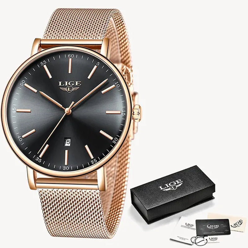 2019 LIGE Luxury Rose Gold Ladies Watch Simple Fashion Casual Ladies Watch Ultra-Thin Waterproof Quartz Watch Montre Femme