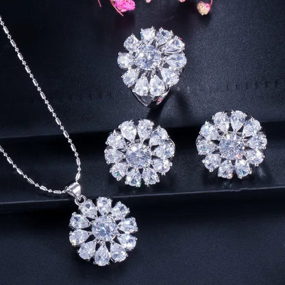 Gloriya Shining Purple Stone Sun Flower Pendant Necklace Earrings Ring Set For Women Newest Silver Color Jewelry