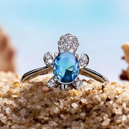 Rainbow Stone Turtle Rings Cute Animal Sea Turtle Ring White Sapphire Diamond Ring Ocean Style Turtle Aquamarine Crystals Rings for Women and Men Birthday Party Anniversary Gift Wedding Engagement Ring Jewelry 14 Colors Size 5-11
