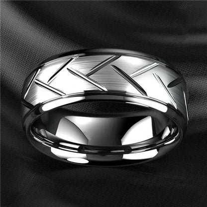 Fashion Creative Black Silver Groove Cut Ring Diagonal Arc Solid Color Ring Engagement Ring Anniversary Gift