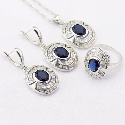 Blue Zircon White Zircon Silver Jewelry Sets for Women  Silver  Necklace and Pendant Rings Drop Earrings