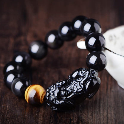 Beaded Bracelets,Protection Bracelets for Men Women，Feng Shui Bracelet Amulet Pixiu Black Vintage Bracelet Natural Black Obsidian Tiger Eye Beaded Chakra Balancing Bracelet Crystal Ward-Off Evil Spiri