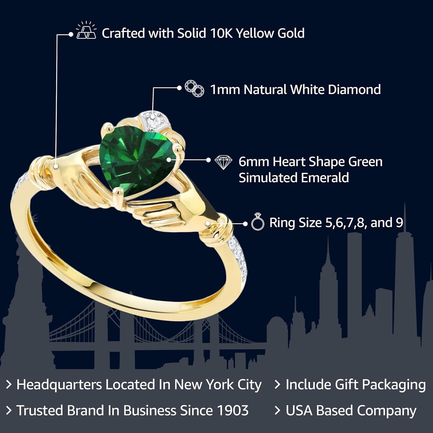 10K Yellow Gold 6MM Heart Shape Gemstone Birthstone and White Diamond Irish Celtic Claddagh Engagement Ring | Gold Ring for Women | Available in Size 5, 6, 7, 8, 9