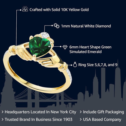 10K Yellow Gold 6MM Heart Shape Gemstone Birthstone and White Diamond Irish Celtic Claddagh Engagement Ring | Gold Ring for Women | Available in Size 5, 6, 7, 8, 9