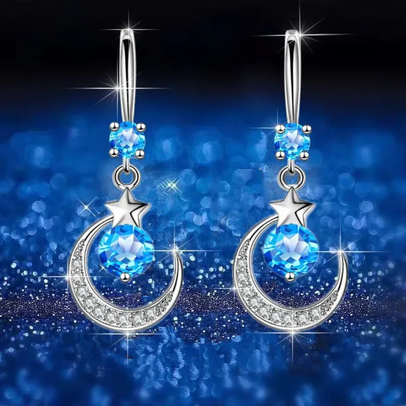 Female Fashion Star Moon Earrings Silver Plated Pink Blue White Cubic Zirconia Dangle Earrings Bride Wedding Engagement Anniversary Valentine'S Day Gift Jewelry