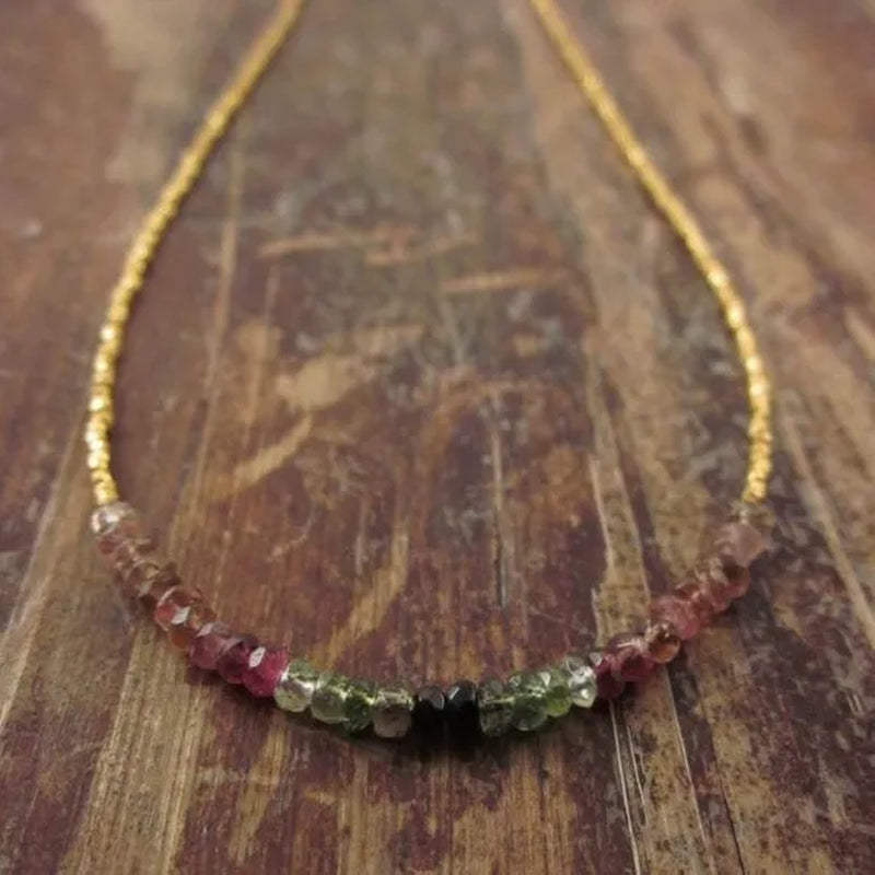 Watermelon Tourmaline Necklace October Birthstone Necklace Gold Beaded Necklaces